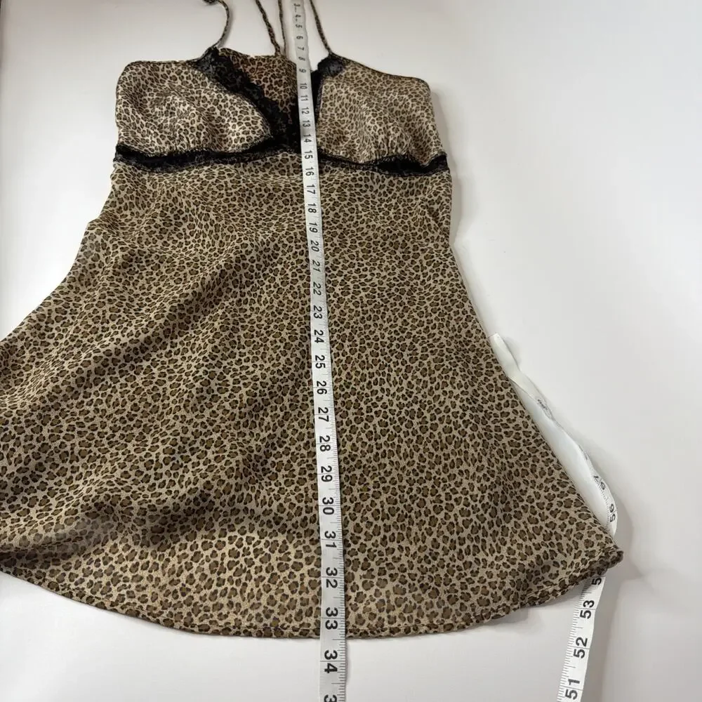 Vintage 80s Lingerie Slip Dress Womens M Leopard Print Lace Satin Coquette Fairy